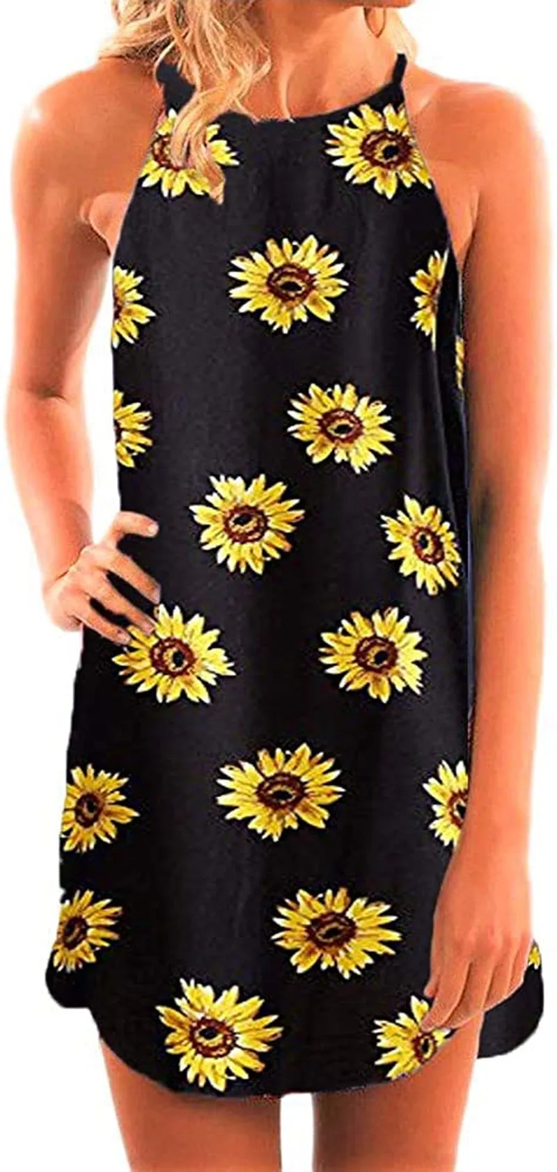 Women's Casual Sleeveless Floral Mini Dress Summer Beach Halter Neck Dresses