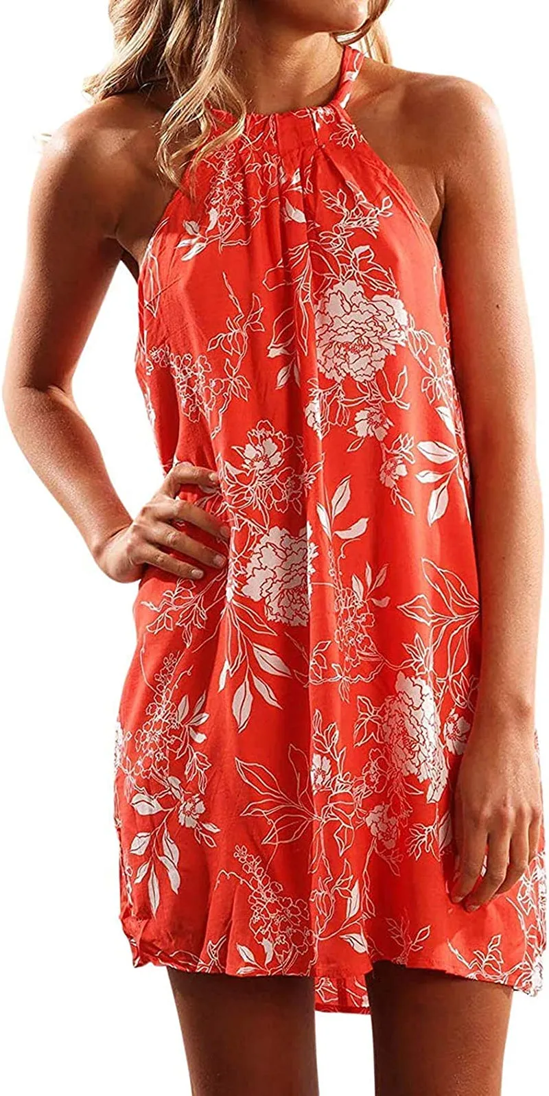 Women's Casual Sleeveless Floral Mini Dress Summer Beach Halter Neck Dresses