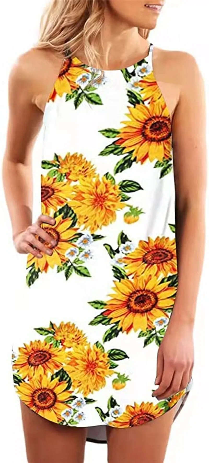 Women's Casual Sleeveless Floral Mini Dress Summer Beach Halter Neck Dresses