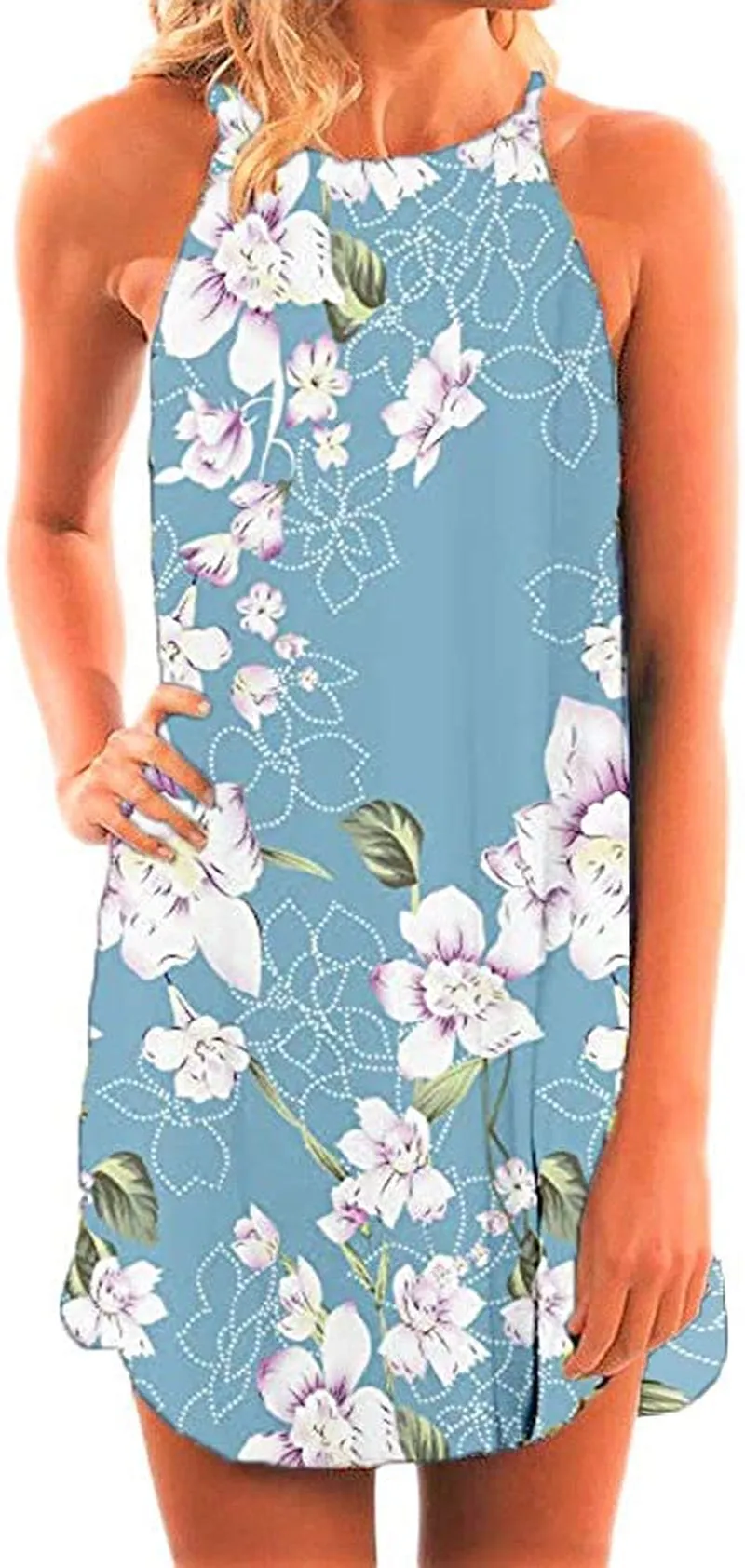 Women's Casual Sleeveless Floral Mini Dress Summer Beach Halter Neck Dresses