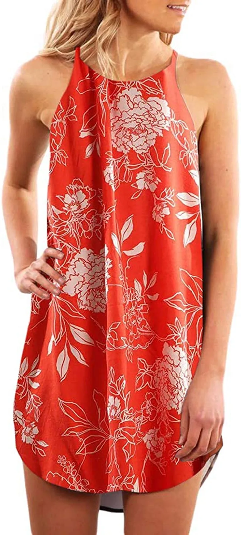 Women's Casual Sleeveless Floral Mini Dress Summer Beach Halter Neck Dresses