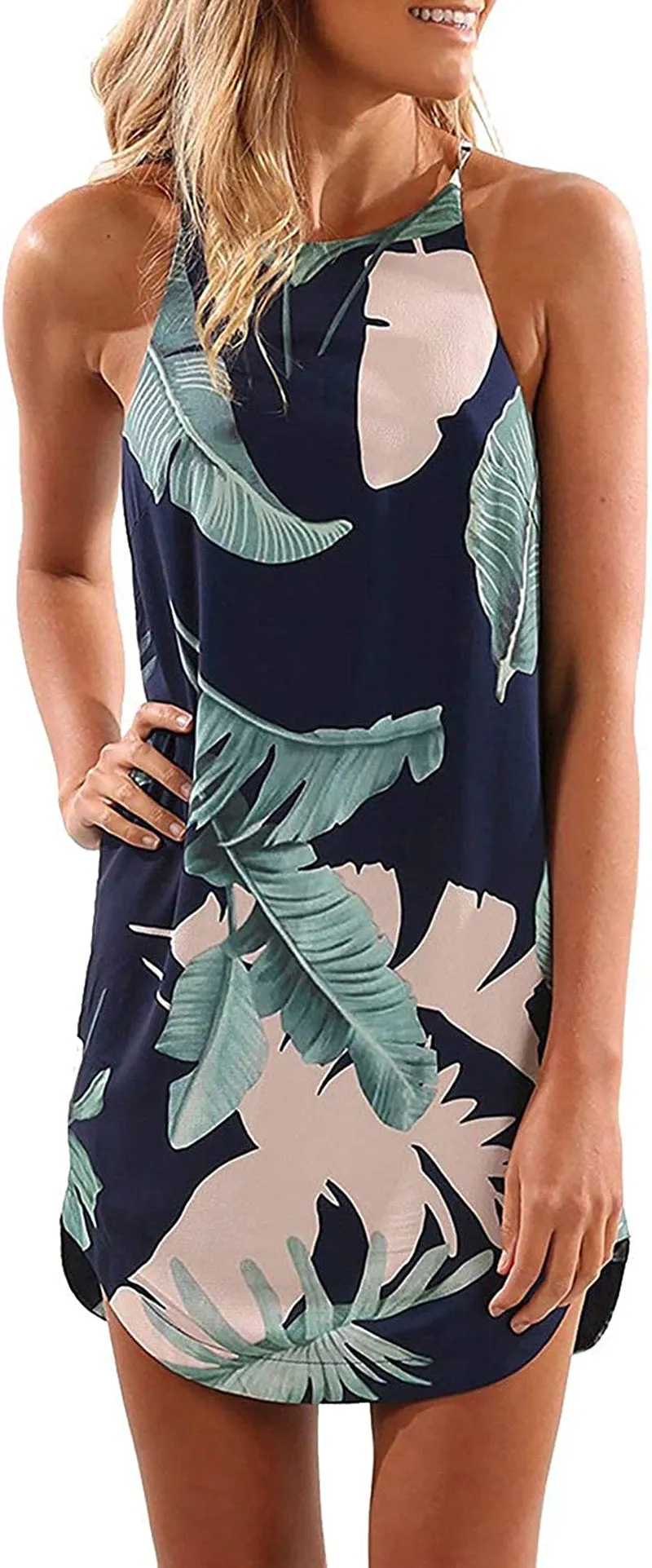 Women's Casual Sleeveless Floral Mini Dress Summer Beach Halter Neck Dresses