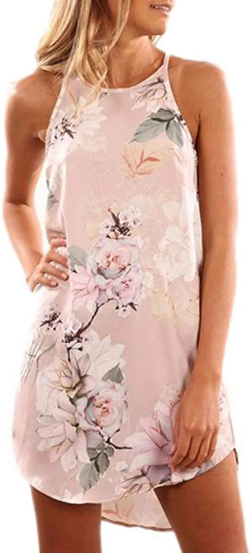 Women's Casual Sleeveless Floral Mini Dress Summer Beach Halter Neck Dresses