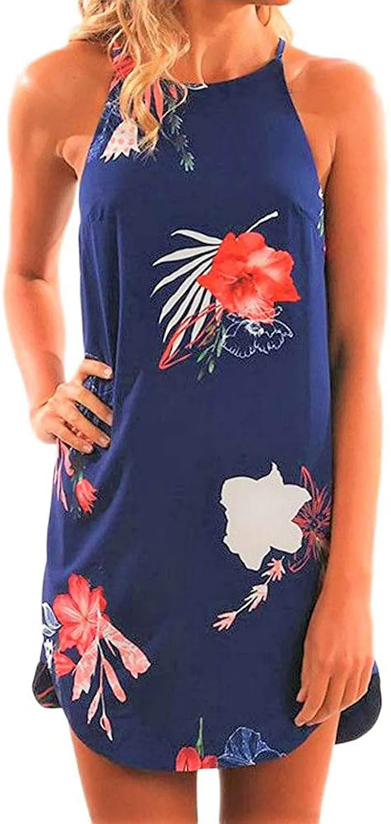 Women's Casual Sleeveless Floral Mini Dress Summer Beach Halter Neck Dresses