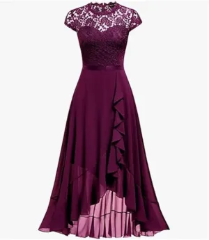 Women's Elegant Lace Chiffon Formal Evening Dresses Ruffle Bridesmaid Maxi Dress- M