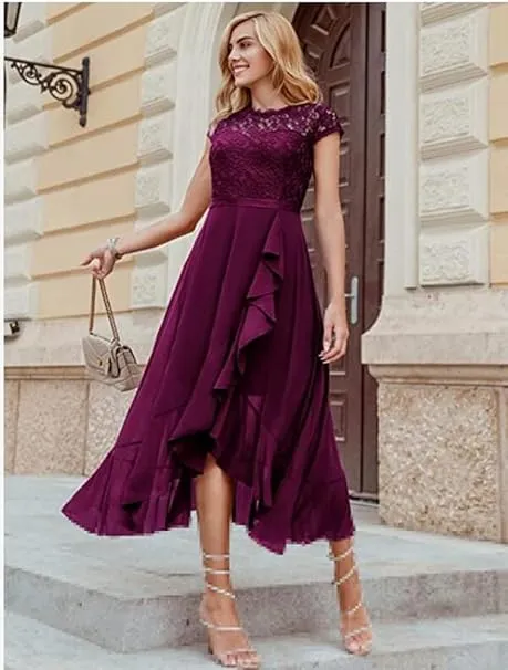 Women's Elegant Lace Chiffon Formal Evening Dresses Ruffle Bridesmaid Maxi Dress- M