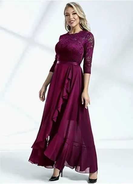 Women's Elegant Lace Chiffon Formal Evening Dresses Ruffle Bridesmaid Maxi Dress- M