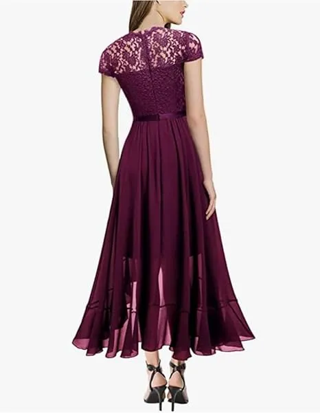 Women's Elegant Lace Chiffon Formal Evening Dresses Ruffle Bridesmaid Maxi Dress- M