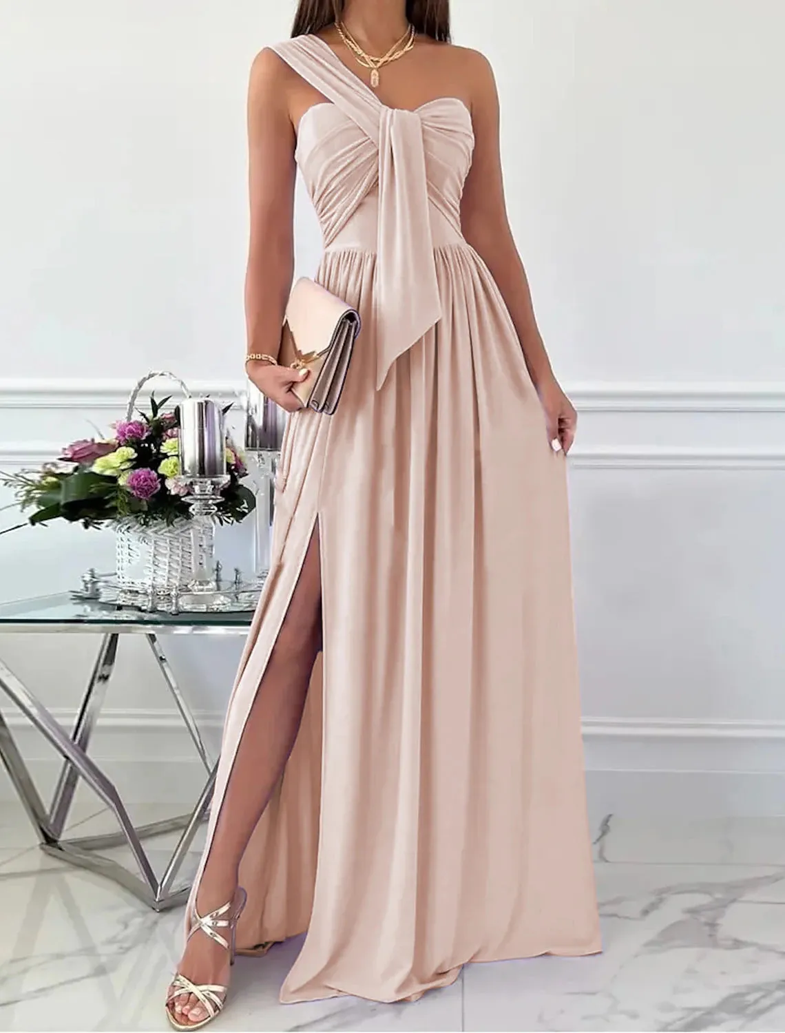 Women‘s Formal Party Dress Wedding Guest Dress Long Dress Maxi Dress Light Pink Black Red Sleeveless Pure Color Ruched Spring Summer Halte