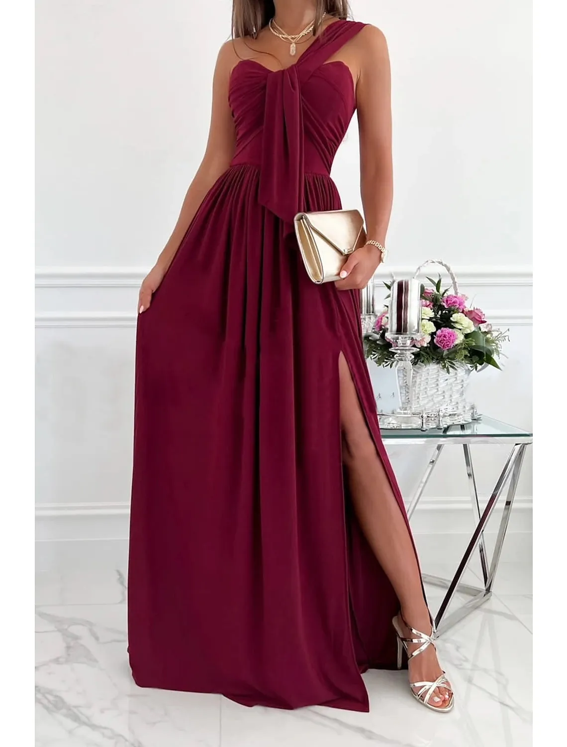 Women‘s Formal Party Dress Wedding Guest Dress Long Dress Maxi Dress Light Pink Black Red Sleeveless Pure Color Ruched Spring Summer Halte