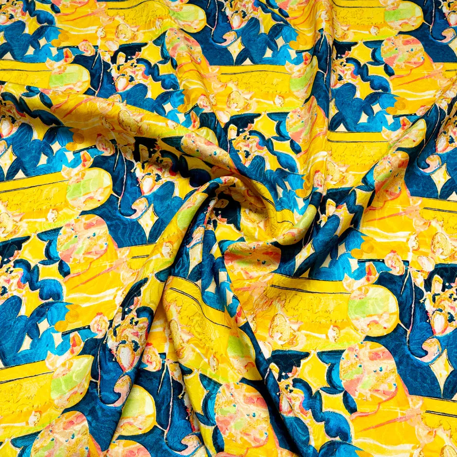 Yellow & Blue Abstract Printed Silk Jacquard