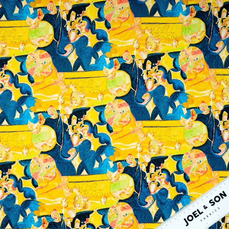 Yellow & Blue Abstract Printed Silk Jacquard