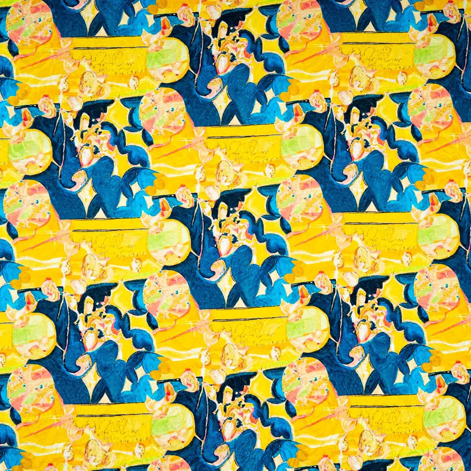 Yellow & Blue Abstract Printed Silk Jacquard